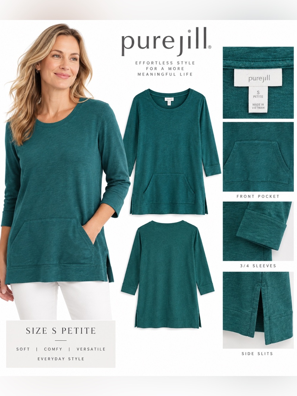 Pure Jill J.Jill Teal Green Tunic Top Women’s Small Petite 3/4 Sleeve Pocket